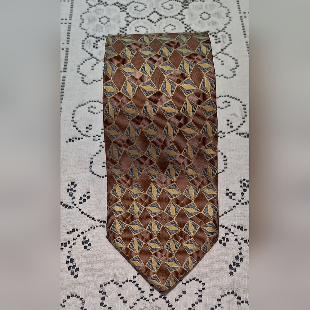 Burma Bimas 100% Silk Tie Imported Fabric, Made in USA, Orange/ Gold Dry Cleaned